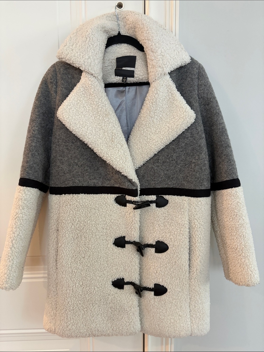 Plenty by Tracy Reese Two-Tone Teddy Toggle Coat in Cream & Gray | Heavy Coat